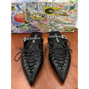 Jeffrey Campbell Jaskier Black Leather Mules Lace Up Flat Slip On Women 6 Gothic